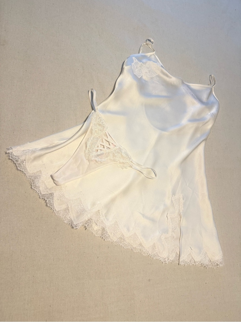 Victoria's Secret White Satin Lace-Trim Chemise with Matching Thong